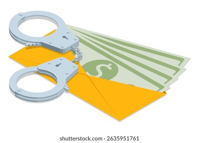 Isometric vector illustration of handcuffs on top of dollar bills. The image symbolizes financial crime, fraud, bribery, and corruption, perfect for law enforcement, justice, and economic issues.