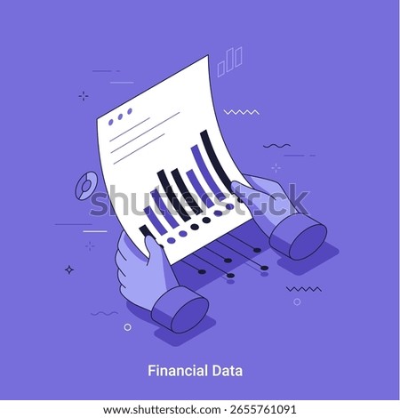 Isometric vector illustration. Hands holding a financial document with bar graph. Analyzing financial data and business report. Isometric linear illustration for investment.