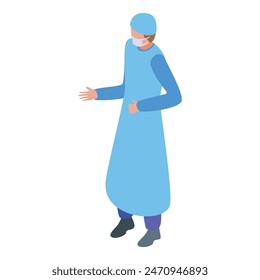 Isometric vector illustration of a healthcare worker wearing blue scrubs and a protective mask