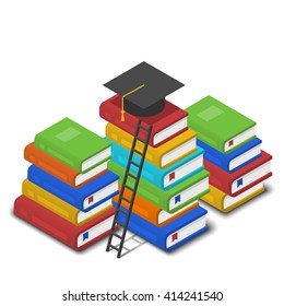 Isometric vector illustration of heap of books, ladder near it and square academic cap on top of it. Knowledge and reading concept