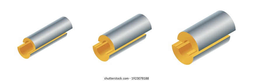 Isometric vector illustration heat insulation material for pipes isolated on white background. Realistic pipe heat insulation icon in flat cartoon style. Thermal insulation polyethylene foam coatings.