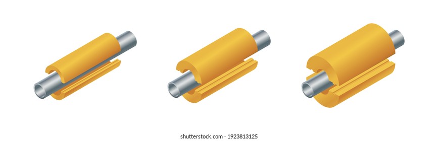 Isometric Vector Illustration Heat Insulation Material For Pipes Isolated On White Background. Realistic Pipe Heat Insulation Icon In Flat Cartoon Style. Thermal Insulation Polyethylene Foam Coatings.