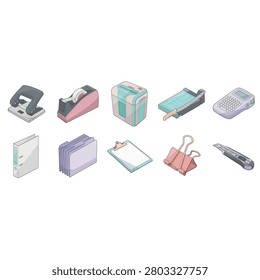 Isometric vector illustration of a heavy operations mailroom dispatch office equipment collection featuring hole punch, tape dispenser, paper shredder, paper cutter, label maker, lever arch binder, file folders, clipboard, binder clip, and utility knife. Ideal for document processing, filing systems, mailroom operations, office administration, business workflow, corporate archives, records management, logistics, and workplace organization.