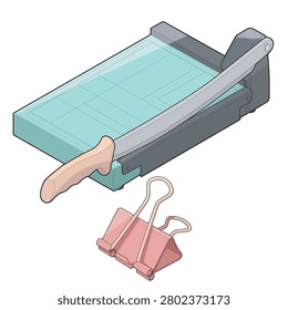 Isometric vector illustration of a heavy publishing concept featuring a paper guillotine cutter and binder clip. Ideal for print production, publishing, document trimming, paper finishing, office stationery, bookbinding, editorial workflow, and professional document preparation.