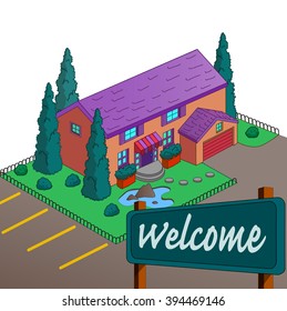 Isometric vector illustration of hotel. Painted by hand on a white background.