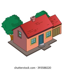 Isometric vector illustration of house. Painted by hand on a white background. Vector illustration.