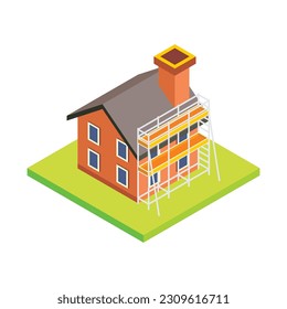 Isometric vector illustration of house with scaffolding for repair and construction work.
