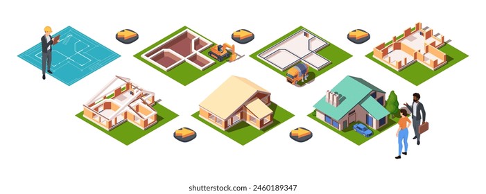 An isometric vector illustration of housing construction stages with characters and vehicles isolated on a white background, showcasing the building process