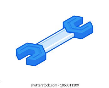 Isometric vector illustration of huge white and blue spanner for settings adjustment and gear fixing designed as symbol of repair