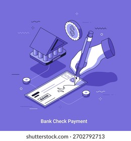 Ilustración vectorial isométrica con cheque bancario de firma de mano humana con pluma estilográfica. Transacción financiera y documento de operación bancaria. Concepto de pago o transferencia de dinero.