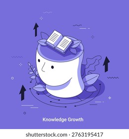 Isometric vector illustration of human head with open book and growing plant. Modern education concept in thin line 3d cartoon style. Intellectual development and learning metaphor.