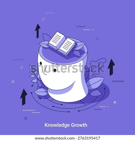 Isometric vector illustration of human head with open book and growing plant. Modern education concept in thin line 3d cartoon style. Intellectual development and learning metaphor.