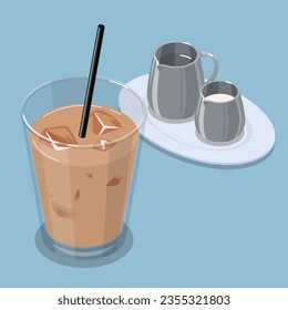 Isometric vector illustration of iced milk tea with gum syrup and milk