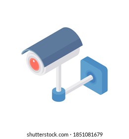Isometric vector illustration icon of blue CCTV camera on white background showing concept of city streets observation and security