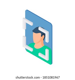 Isometric vector illustration icon of male with scanned face isolated on white background representing concept of face recognition system