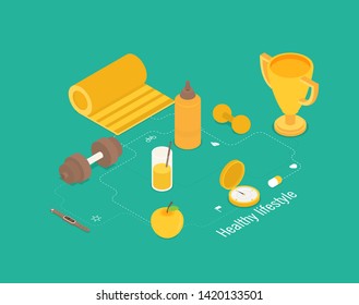 Isometric vector illustration of icons for fitness and diet