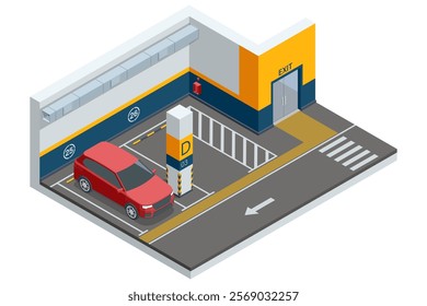 Isometric vector illustration of an indoor parking space with marked slots, a clearly labeled exit, and modern parking layout for efficient traffic flow