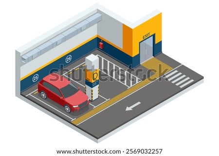 Isometric vector illustration of an indoor parking space with marked slots, a clearly labeled exit, and modern parking layout for efficient traffic flow