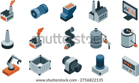 Isometric vector illustration of industrial equipment icons, factory machinery, robotic arms, motors and control systems, modern manufacturing technology and engineering concept set design