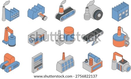 Isometric vector illustration of industrial machinery icons, factory equipment, robotic arms, conveyor systems and production tools, modern manufacturing and engineering technology concept set