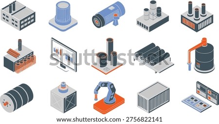 Isometric vector illustration of industrial machinery icons, factory equipment, robotic automation systems, control panels and production tools, modern manufacturing and engineering technology concept set