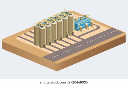 Ilustração de vetor isométrico de um local de mineração de areia industrial com silos, transportadores e estruturas de processamento. Adequado para materiais de construção, indústria de mineração, infraestrutura e conceitos industriais.