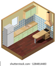 isometric vector illustration interior of a rectangular kitchen tea green coloured facade and sandy brown table top. Fridge, exhaust hood, window, stove, majolica tile