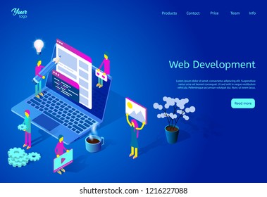 Isometric vector illustration introducing web development process. Web page template suitable for graphic design. Picture showing programmers' team working on the website for the Internet.