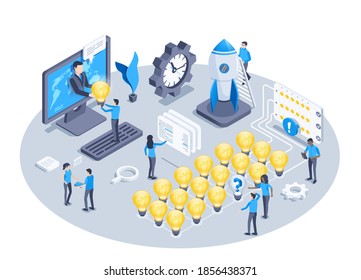 isometric vector illustration isolated on white background, business ideas factory, working people and light bulbs, business formation and launch
