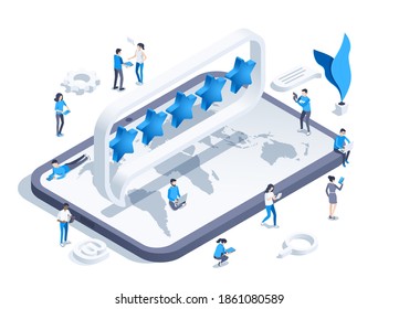 isometric vector illustration isolated on white background, five stars on tablet screen, people with gadgets and laptops, star rating