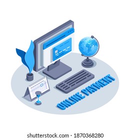 isometric vector illustration isolated on white background, payment card on computer screen and globe with calendar, online payment