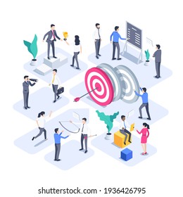 isometric vector illustration isolated on white background, people work in team next to target with arrow, business success and achievement of goals