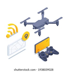isometric vector illustration isolated on white background, remote control and drone