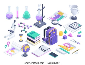 Isometric Vector Illustration Isolated On White Background, Set Of Elements For School, Chemistry And Mathematics, Geography And Reading