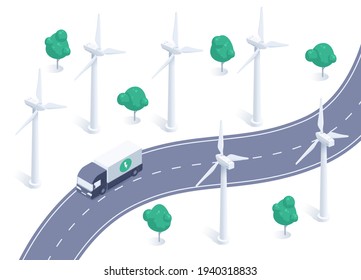 Isometric Vector Illustration Isolated On White Background, Wind Generators And The Road On Which The Electric Truck Is Driving, Environmentally Friendly Wind Energy