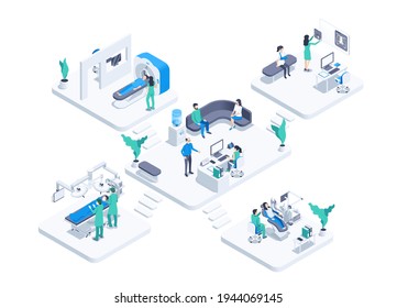 isometric vector illustration isolated on white background, medical center offices with patients and doctors, operating room and tomograph, x-ray and stomatology