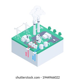 isometric vector illustration isolated on white background, geothermal energy, urban buildings and systems, green energy