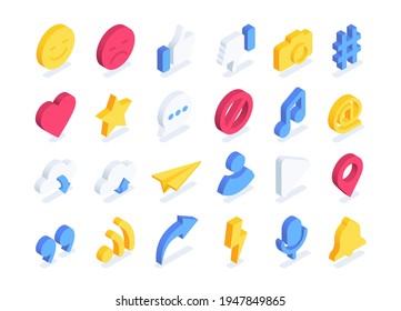 isometric vector illustration isolated on white background, social media icons set, social media communication