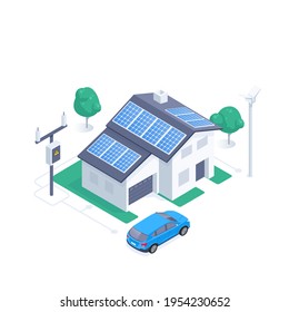 Isometric Vector Illustration Isolated On White Background, Solar Powered House And Electric Car, Ecological Green Energy