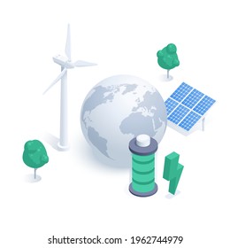 isometric vector illustration isolated on white background, earth globe and solar battery with wind generator, green energy