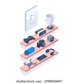 isometric vector illustration isolated on white background, shelves with gadgets and modern attributes of a young man, cup and game cube, smartphone and drone next to headphones
