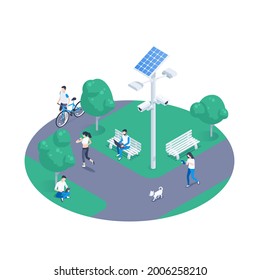 isometric vector illustration isolated on white background, lamppost with solar battery and surveillance cameras in the park, people with gadgets rest in nature, green energy