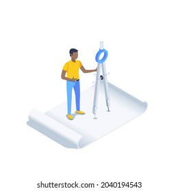 isometric vector illustration isolated on white background, young man with a compass stands on a sheet of paper, studying at school