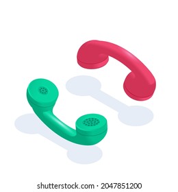 isometric vector illustration isolated on white background, green and red phone receiver, make a call or end a call