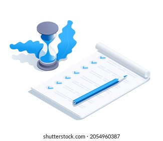 isometric vector illustration isolated on white background, test sheet or to-do list with pencil and hourglass, proof test or exam