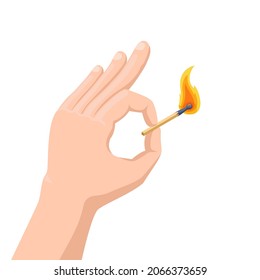 isometric vector illustration isolated on white background, hand with a burning match, fire safety and accurate behavior with fire