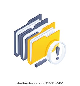 isometric vector illustration isolated on white background, yellow folder with documents and a magnifying glass with an exclamation sign, folder search icon