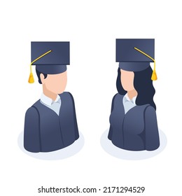 isometric vector illustration isolated on white background, icons of man and woman in gowns and bachelor caps, students graduates
