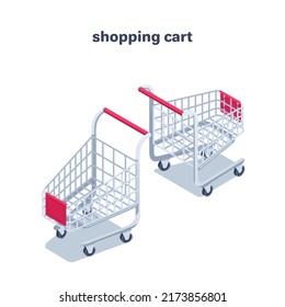 isometric vector illustration isolated on white background, shopping cart front and back view, make purchases in a store or supermarket