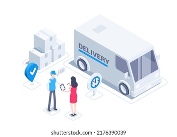 isometric vector illustration isolated on white background, delivery car next to boxes and location icon, woman signs delivery note of receipt
